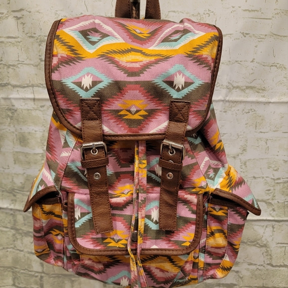 Candie's Handbags - Backpack Cargo Candies Tribal Anna Aztec Pink Brown Aqua Faux Leather Bag
